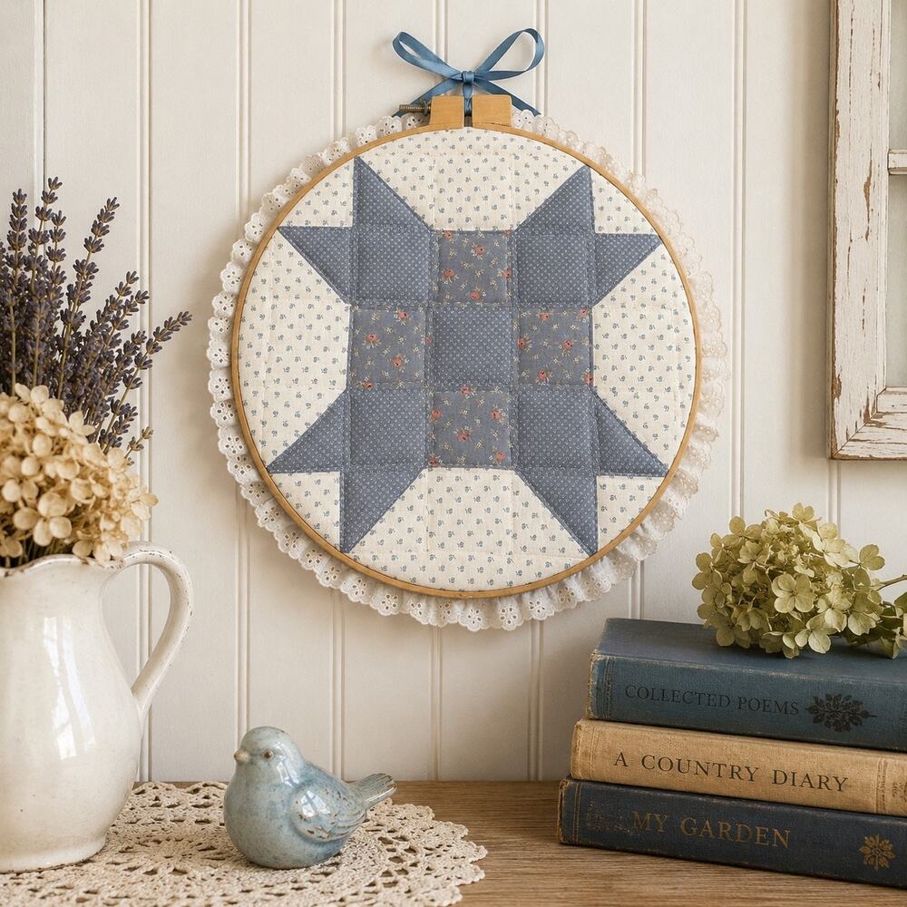 Vintage 1985 Handmade Quilt Block Hoop Wall Hanging 17” Blue Lace Cottagecore
